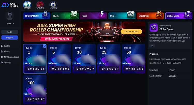 Раздел Global Spins в клиенте AKs Poker