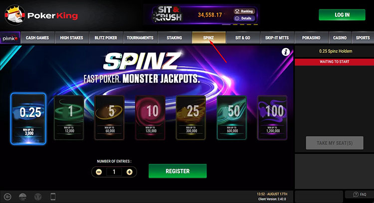 Раздел Spinz в клиенте PokerKing